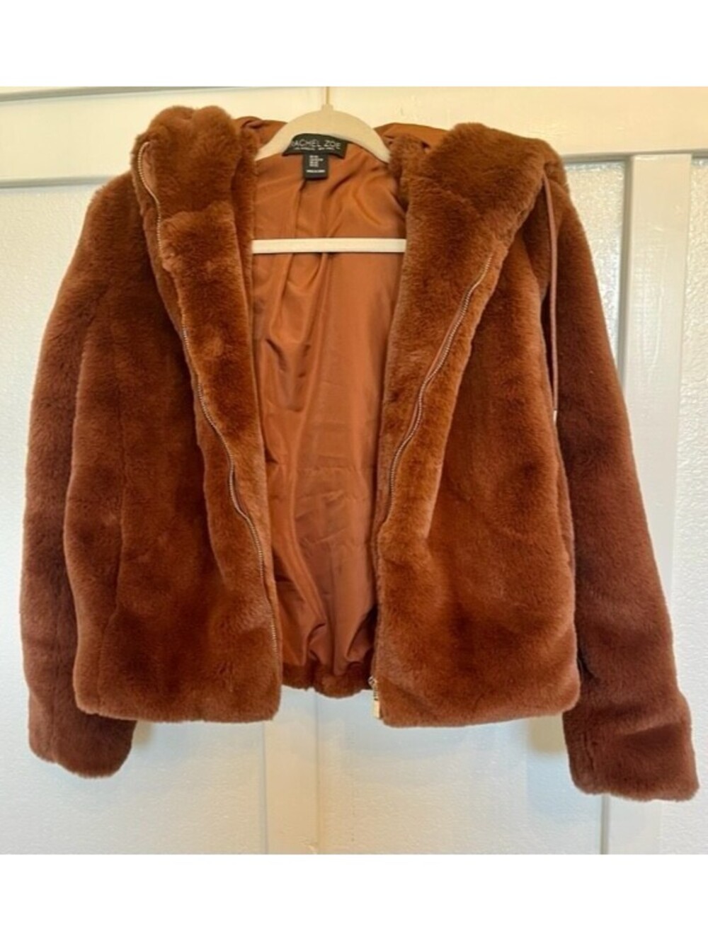 Rachel Zoe Rust Brown Faux Fur Zip Up Hoodie Jacket. Size XS. NWOT.